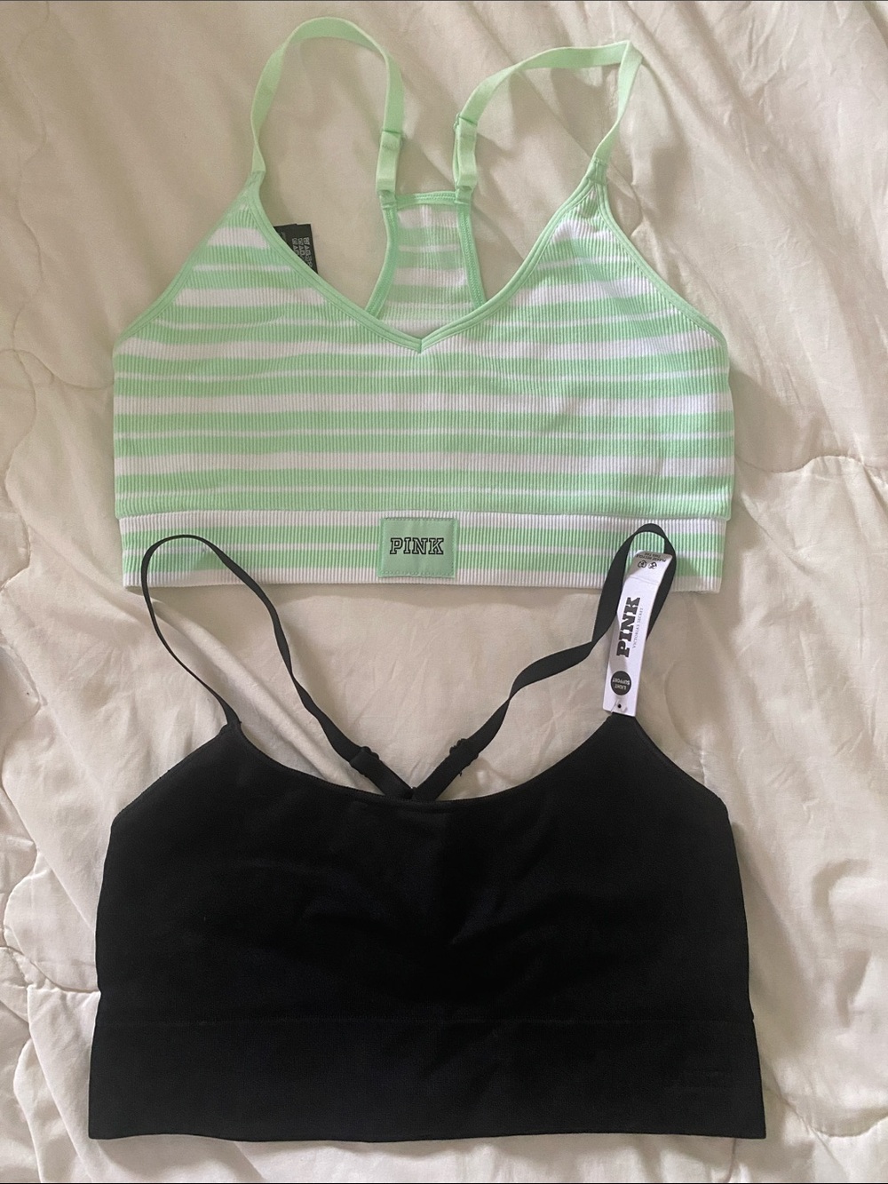 PINK Victoria's Secret Mint Stripe & Black Bralette stretch sports bra set NEW!